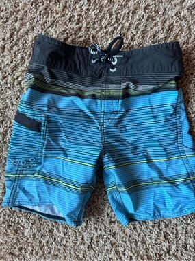 Volcom Boys Blue Striped Swim Trunks with Black Waistband